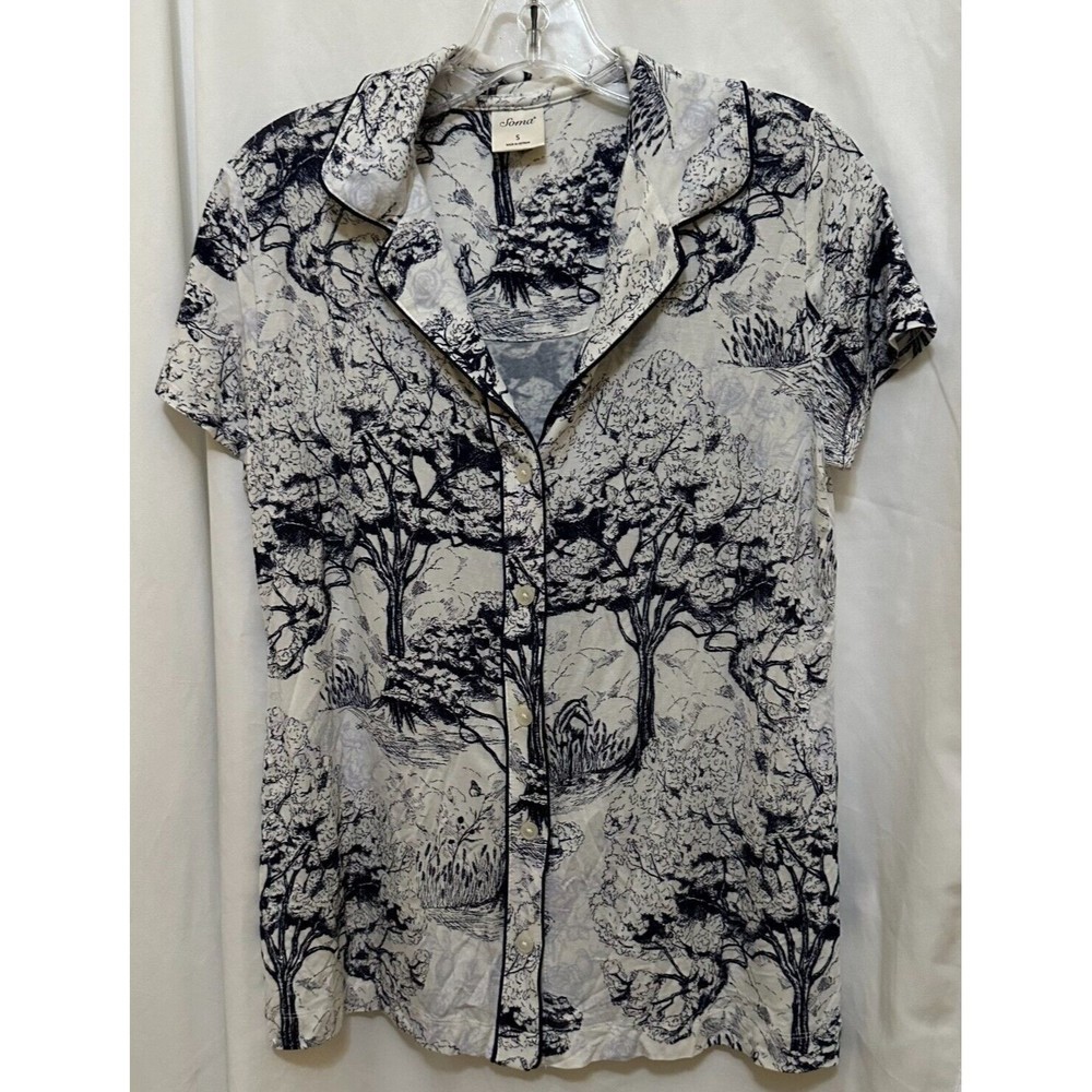Soma Cool Nights Pajama Top Shirt Small Blue/White Trees Horse Soft